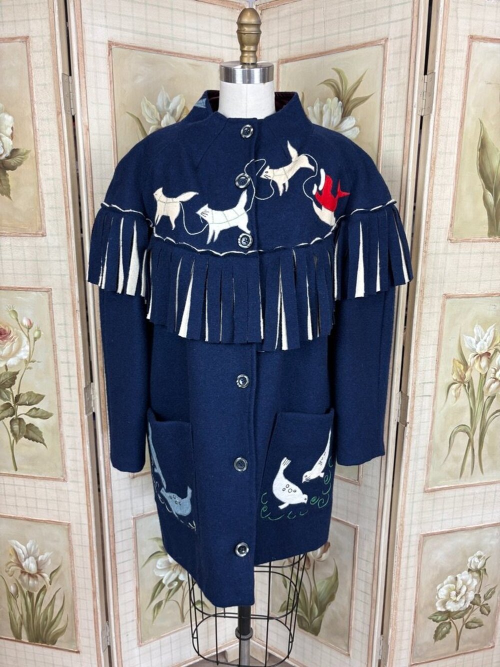 Vintage Blue Wool Coat w/ Applique